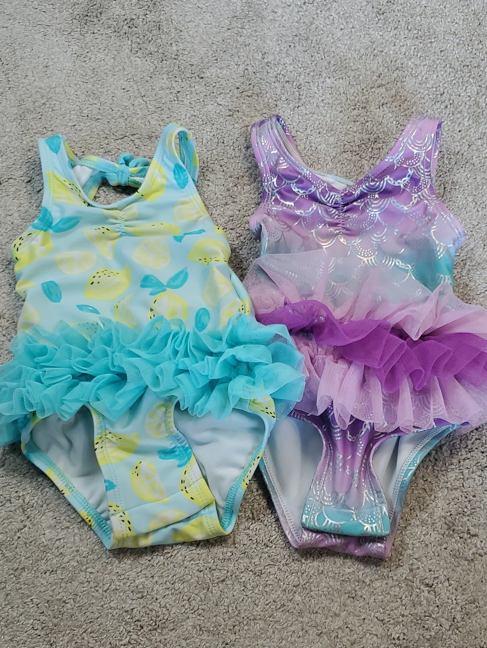 Pair Of Cat & Jack Turquoise Lemon 6-9 & Purple Mermaid 12 Mnth Swim Suits.
